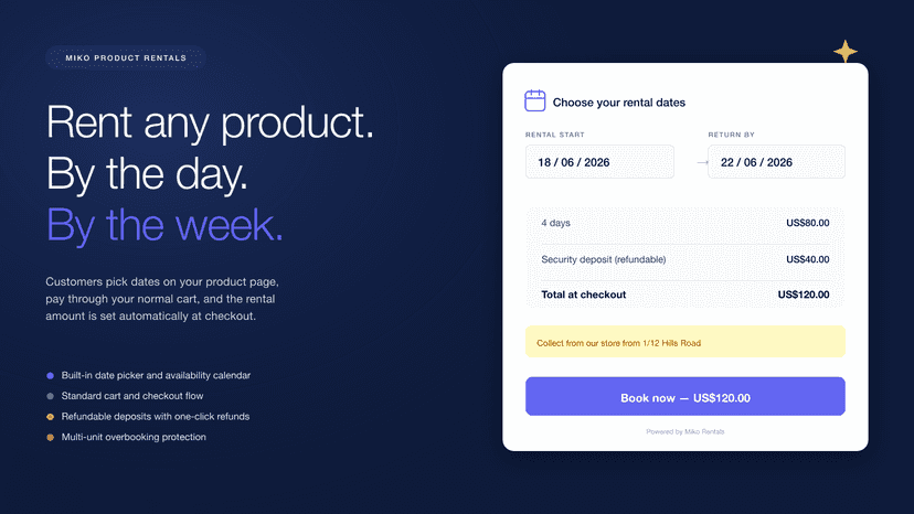 Rental booking widget with date picker, deposit, and total