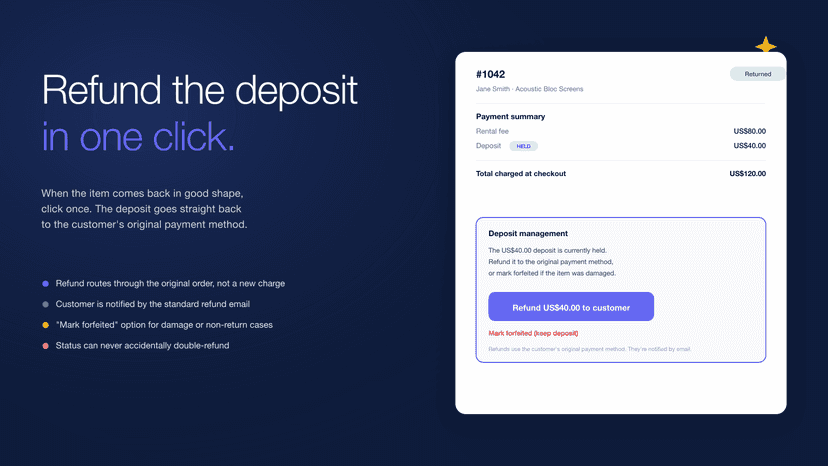 Rental booking page with one click deposit refund button