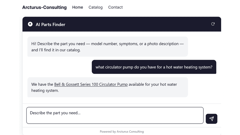 AI Parts Finder widget answering a plain-English question about