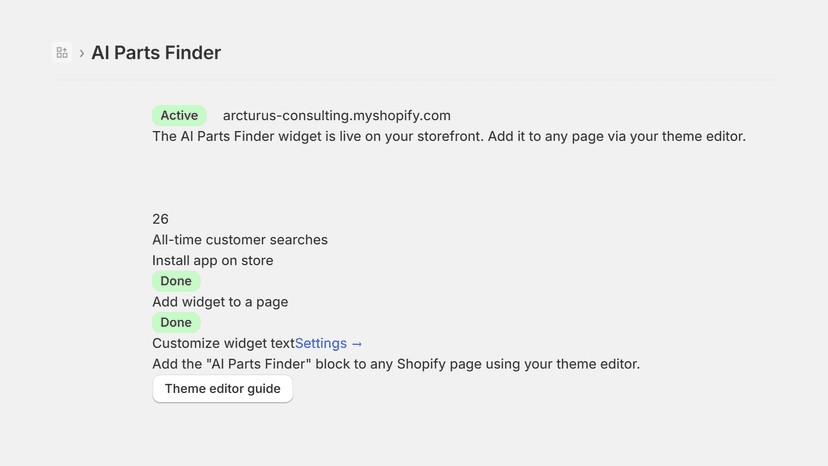 AI Parts Finder admin dashboard inside Shopify showing the widge