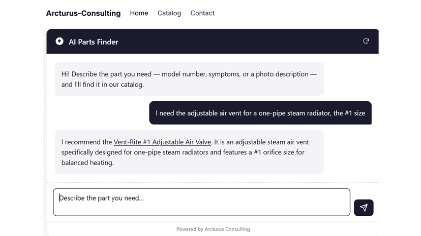AI Parts Finder storefront widget returning the Vent-Rite #1 Adj