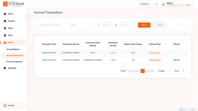 Wallet Transaction Page