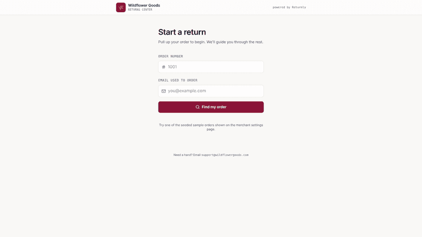 Customer portal lookup branded with merchant logo and colors
