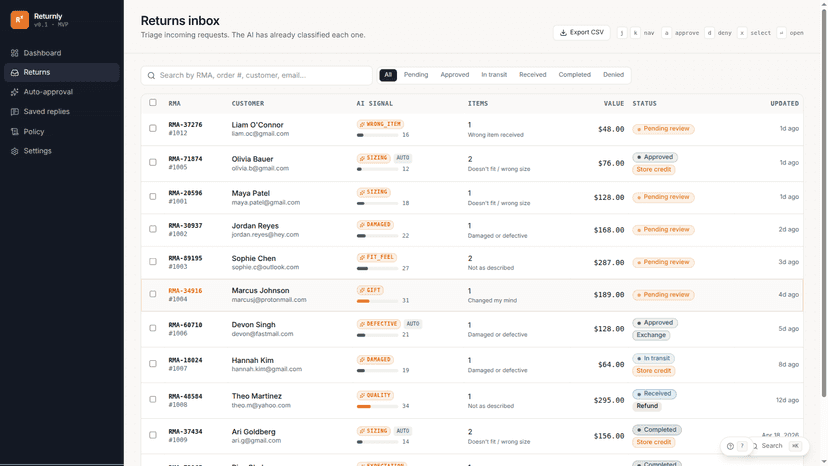 Returns inbox with AI classification badges and quick actions