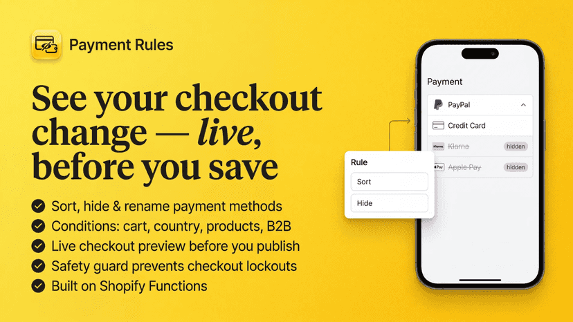 Rule editor and live checkout preview hiding a payment method