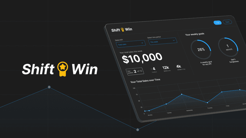 Shift Win logo and picture of tablet with app displayed