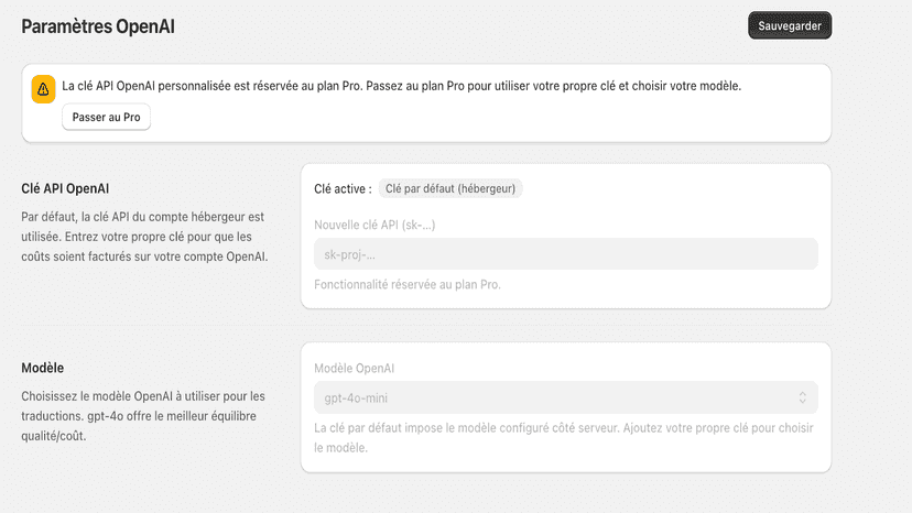 Ajout d'une clé API Open AI disponible sur abonnement Pro