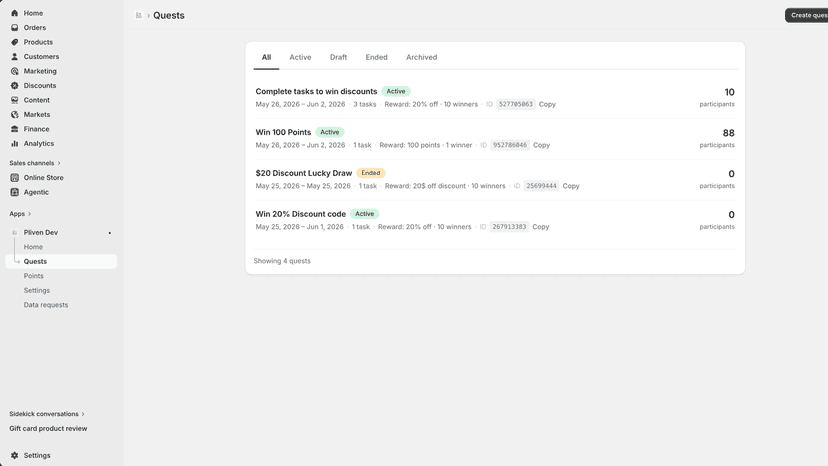 Pliven admin managing quests and reward settings