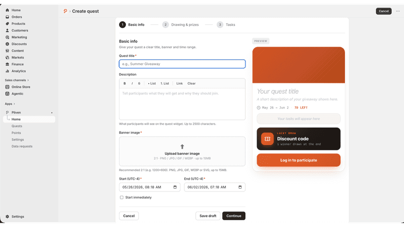 Pliven admin creating a reward quest with customer tasks
