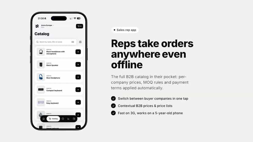 Sales rep app showing a company's B2B catalog and prices