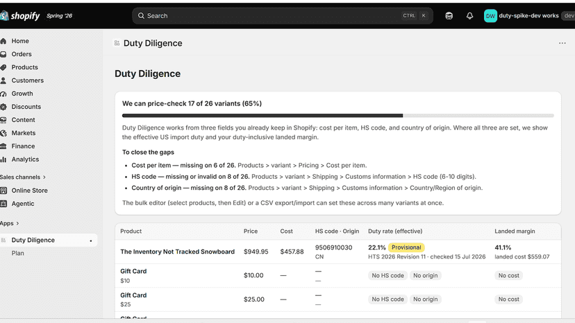 Duty Diligence margin dashboard in the Shopify admin