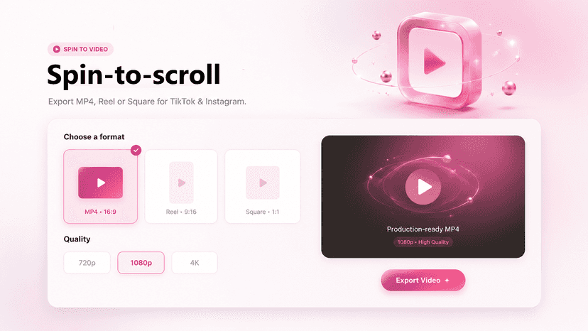 Spin to Video export screen with MP4, Reel, and Square format op
