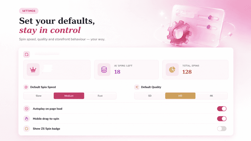 ZS Spin View settings page showing plan and usage, default spin
