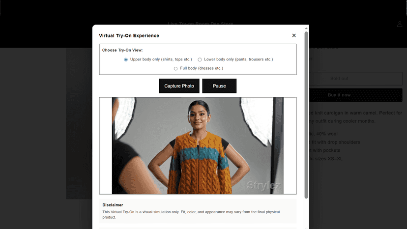 Upload a video or turn on webcam to see how outfit looks on you