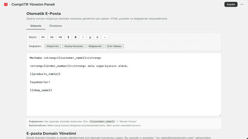 HTML e-posta şablon editörü, otomatik Mesafeli Satış e-postaları