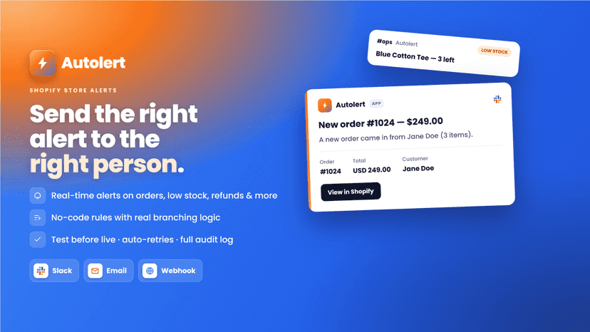 Autolert sends Shopify store alerts to Slack, email and webhook