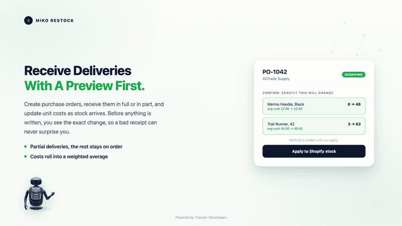 Purchase order receiving preview of stock and cost changes