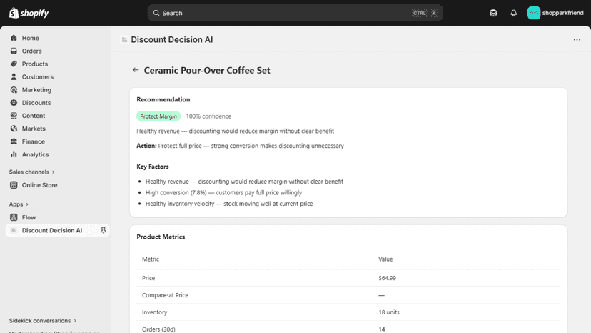 Product detail showing Protect Margin recommendation