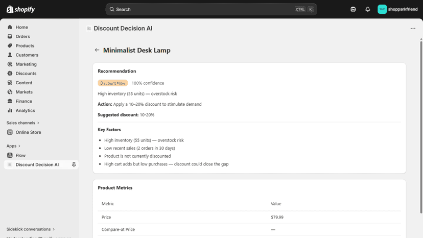 Product detail showing Discount Now recommendation