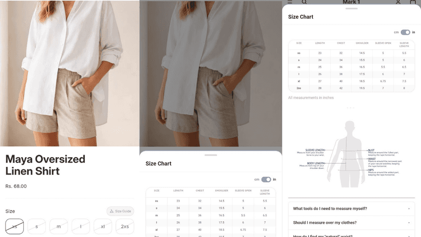 Mobile size chart drawer with measurements and FAQ sections