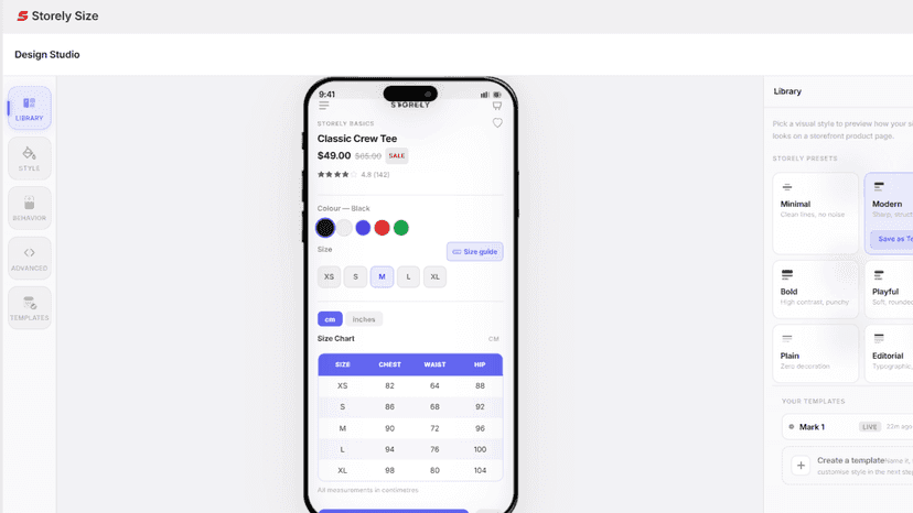 Design Studio for customizing storefront size chart appearance