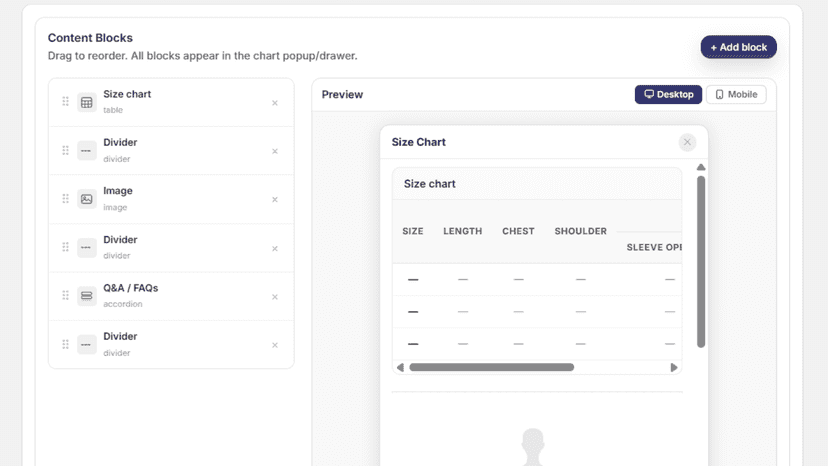 Template builder with content blocks and live size chart preview