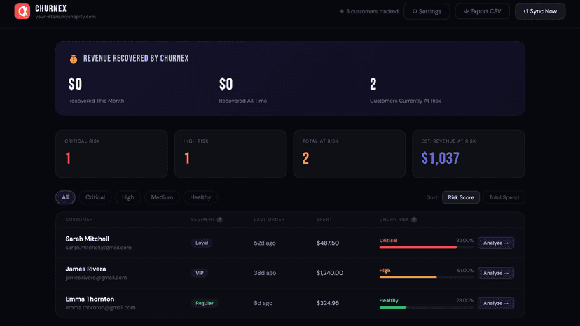 ChurnEx dashboard with customer churn risk scores