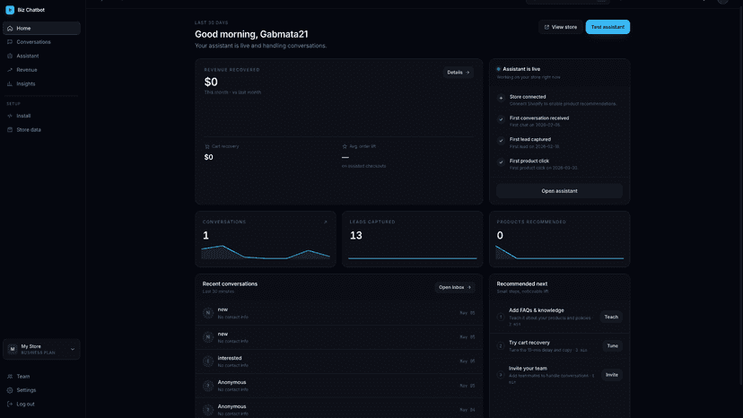 Dark dashboard showing chatbot analytics and performance metrics
