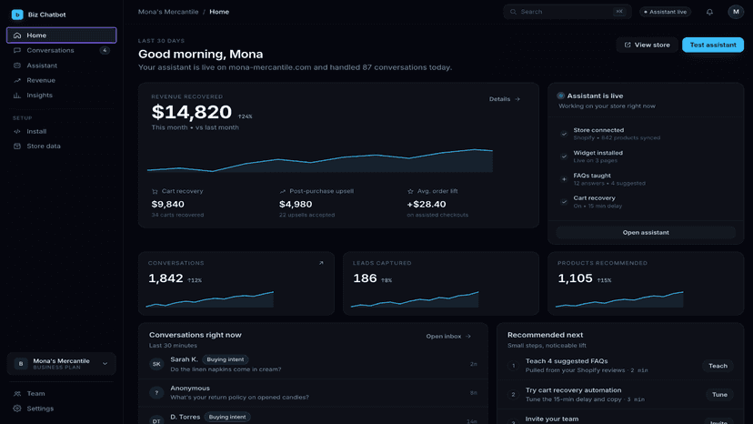 AI dashboard showing revenue, conversations, and insights