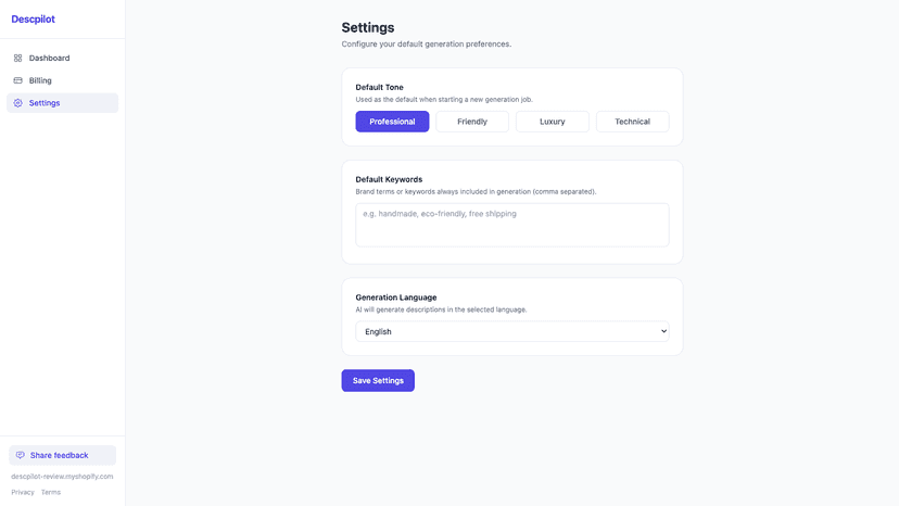 Settings for language, tone, and target keywords