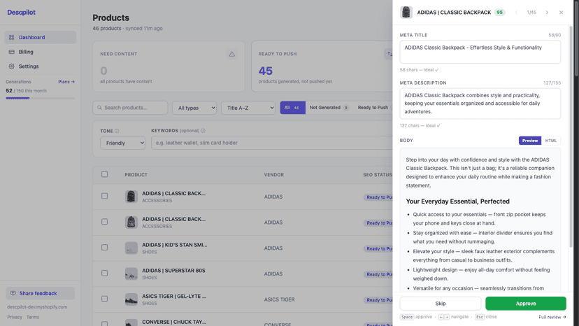 Review AI descriptions in bulk, approve or skip before pushing