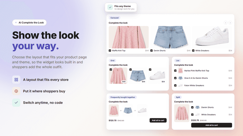 Five layouts: carousel, grid, list, bought together, split