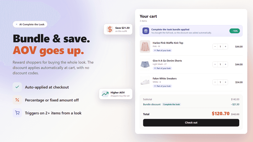 Automatic bundle discount applied in the cart, no codes needed