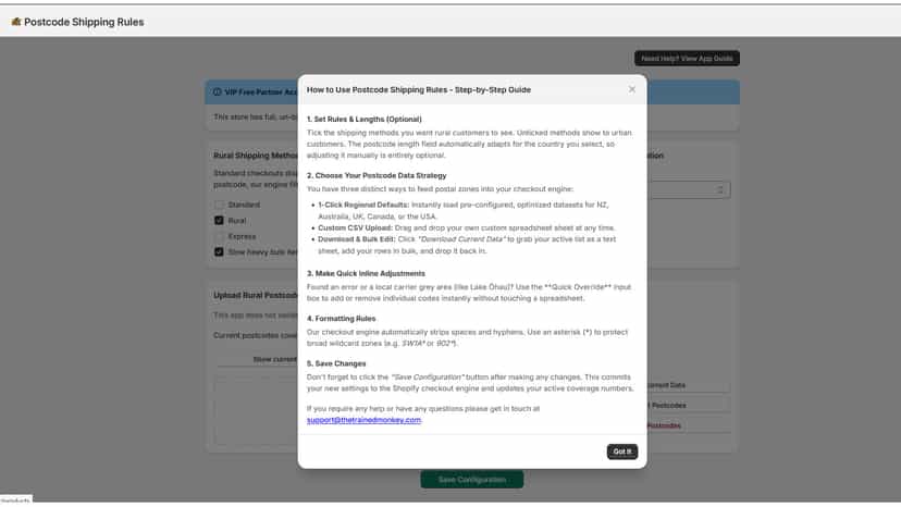 Help screen with detailed instructions and contect email
