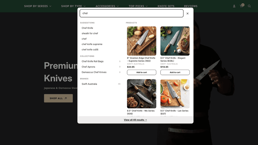 Instant search results appear as the shopper types