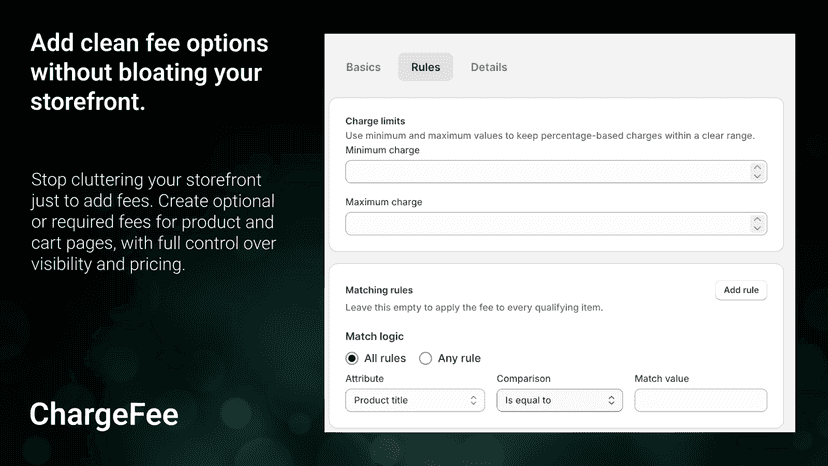 Country-based fee rules with storefront visibility control
