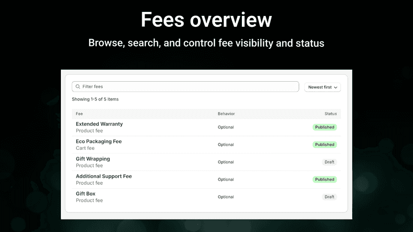 Create and preview fees with real-time cart display