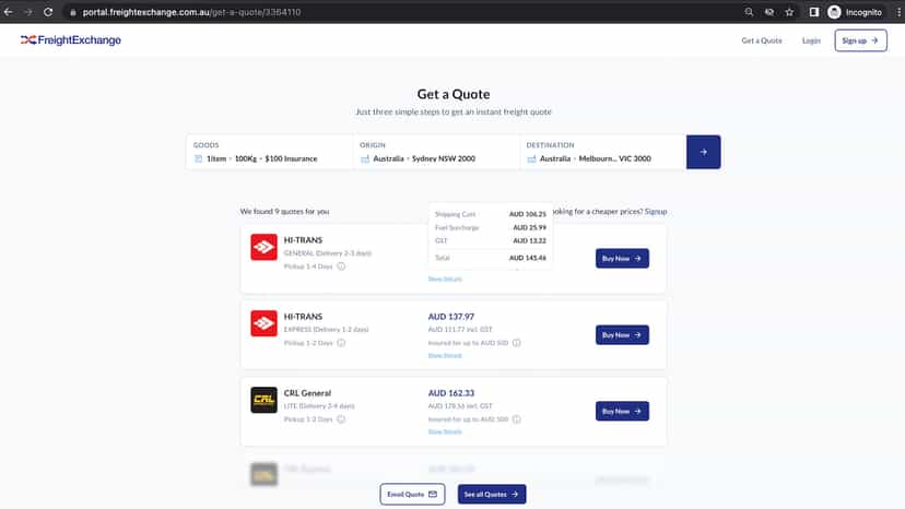 Get instant accurate quotes from trusted bulky goods carriers