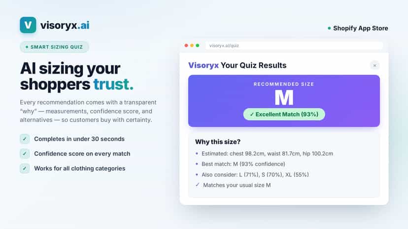 Quiz result with recommended size based on shopper answers