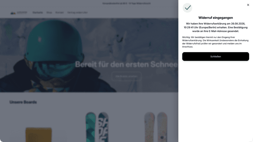 Eingangsbestätigung mit Zeitstempel im Shop