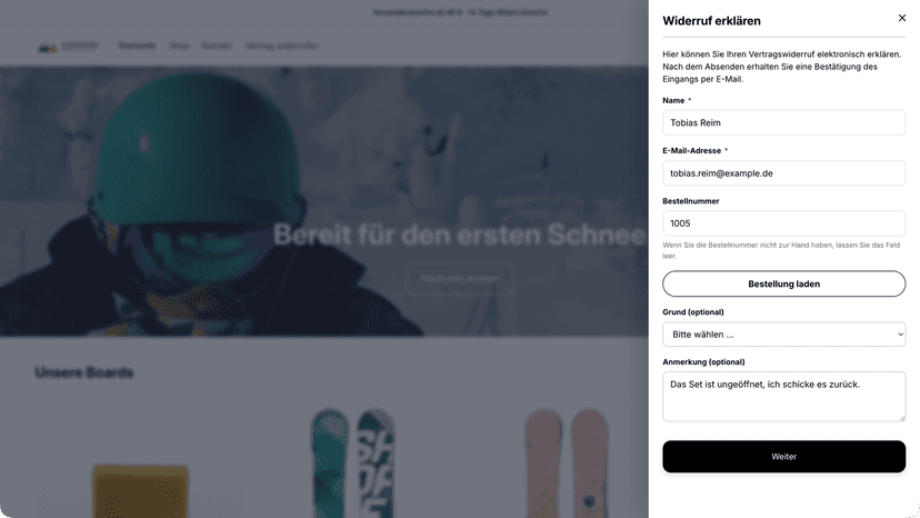 Widerrufsformular mit Name, E-Mail und Bestellnummer