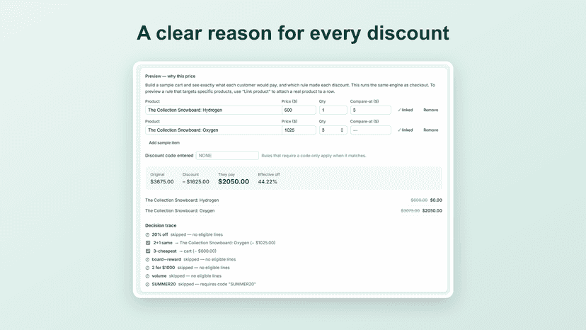 StackGuard trace showing which rule set each discount