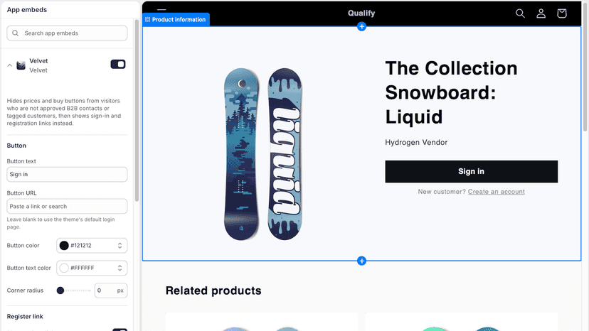Velvet hides prices from non-B2B visitors on Shopify Plus