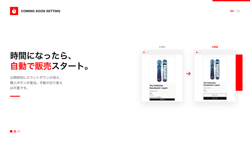 発売時刻に商品ページが自動で通常の購入ボタンへ切り替わる様子
