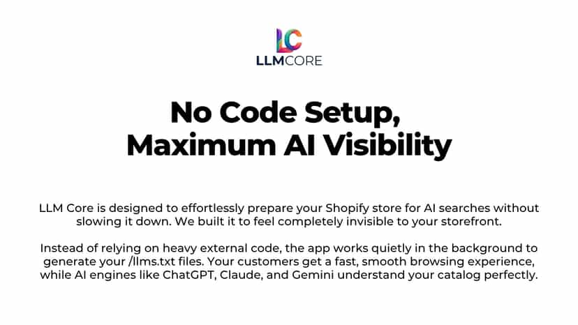 Text highlighting no-code setup and maximum AI visibility.