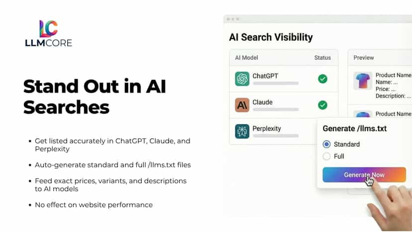 LLM Core app UI showing AI search visibility features.