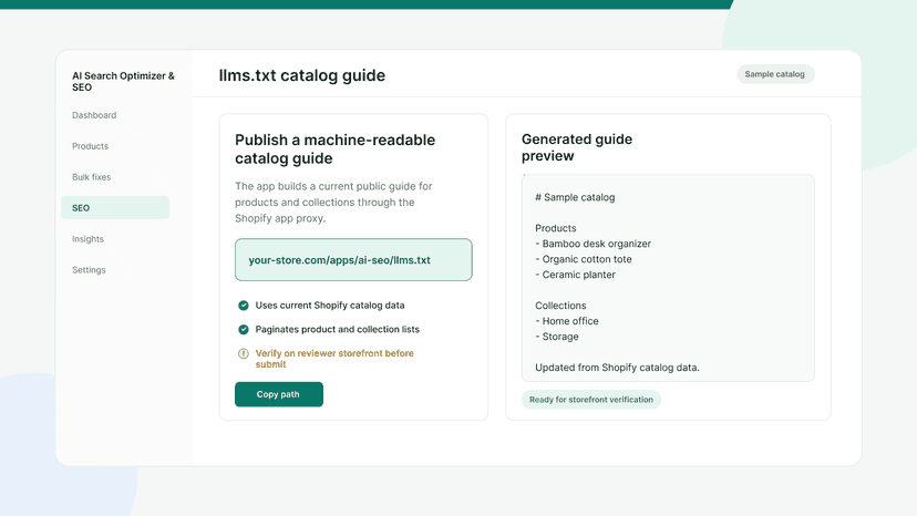 LLMs.txt builder for a machine-readable catalog guide.