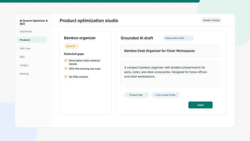 Product studio for reviewing and applying AI content.