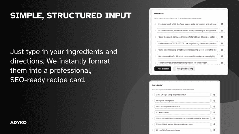 Type in your ingredients and directions. SEO optimized posts