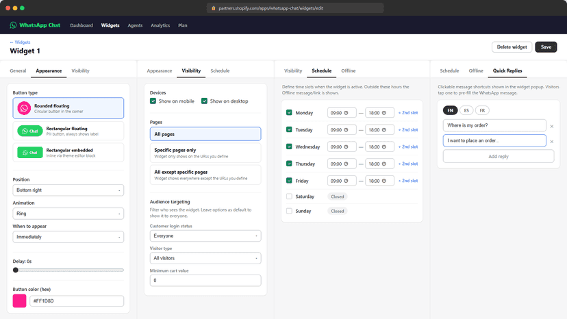 Appearance, Visibility, Schedule and Quick Replies tabs